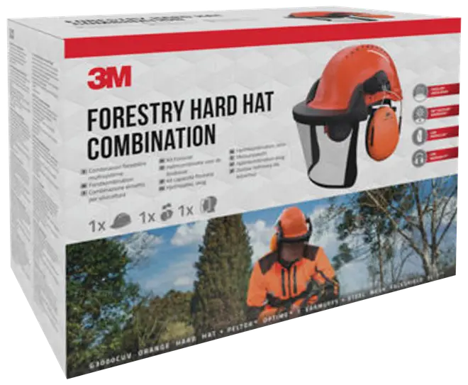 Æske med 3M skovhjelm-sæt: orange hjelm, netvisir og høreværn, designet til udendørs skovarbejde og personlig beskyttelse.