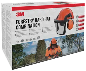 Æske med 3M skovhjelm-sæt: orange hjelm, netvisir og høreværn, designet til udendørs skovarbejde og personlig beskyttelse.