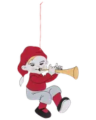 Träprydnad av en sittande tomte som spelar trumpet, med röd mössa, tröja och strumpor, grå byxor, svarta skor och hänger i rött snöre. Ansiktet är suddigt.