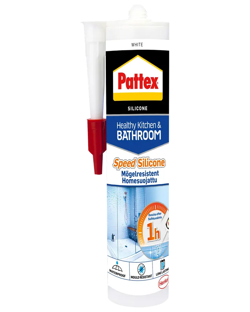 Pattex Healthy Kitchen & Bathroom silikoneforsegling, hvid, vandtæt, mugresistent, tørrer på 1 time, egnet til køkken og badeværelse, leveres i tube med påføringsdyse.
