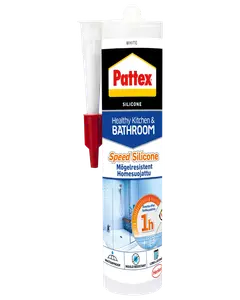 Pattex Healthy Kitchen & Bathroom silikoneforsegling, hvid, vandtæt, mugresistent, tørrer på 1 time, egnet til køkken og badeværelse, leveres i tube med påføringsdyse.