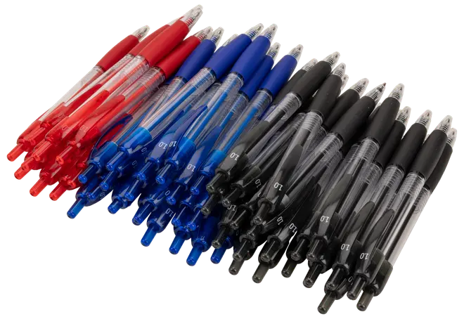 Set med klickbara gelpennor i rött, blått och svart. Varje penna har genomskinlig kropp, färgat grepp och 1,0 mm spets för jämn skrivning.