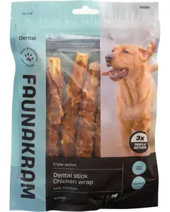 Pakke med Faunakram tandstikker omviklet med kylling, 44% kylling, til alle hunderacer. Fremmer tandhygiejne, indeholder ægte kød og vitamin C. Genlukkelig pose med vindue.