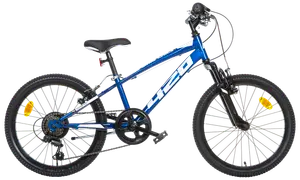 Barn-mountainbike med blå ram, framdämpning, grova däck, justerbar sadel och styre. Utrustad med reflexer, flera växlar och robust konstruktion för terrängcykling.