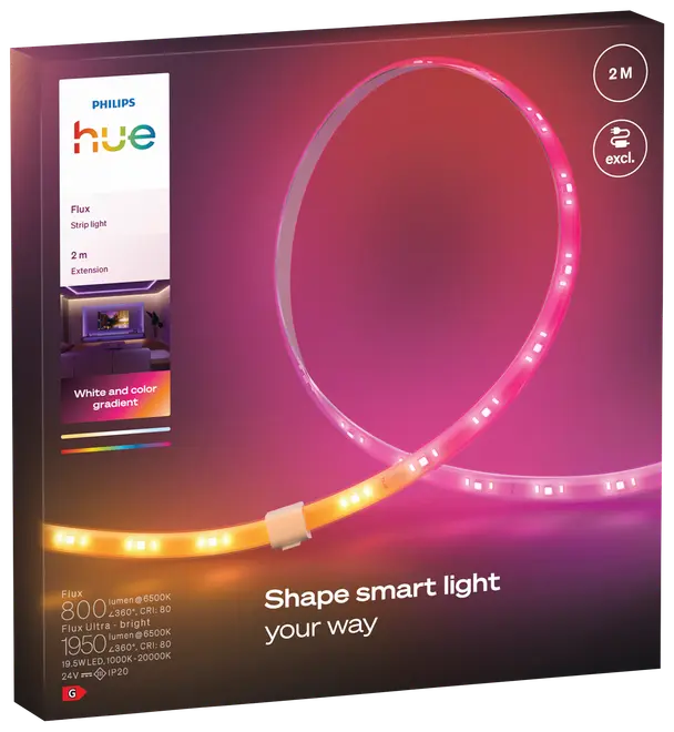 Philips Hue 2-meter smart LED-lysbånd, fleksibelt design, viser hvide og farvede gradienter, tilpasset belysning, kompatibel med smart home-systemer, kun til indendørs brug.