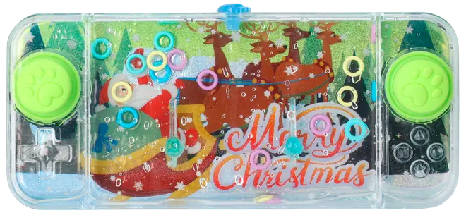Handhållet vattenringsspel med genomskinligt fodral, gröna tassknappar och julmotiv med tomte, renar och färgglada ringar inuti.