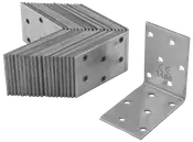 Set med L-formade metallbeslag med flera skruvhål, används för att förstärka eller sammanfoga trä eller metall i rät vinkel. Hållbar, korrosionsbeständig yta, för bygg eller DIY.