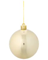 Blank guldfärgad julgranskula med slät, reflekterande yta, guldfärgad topp och upphängningssnöre. Klassisk rund dekoration, cirka 10 cm i diameter.