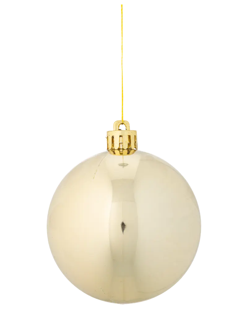 Blank guldfärgad julgranskula med slät, reflekterande yta, guldfärgad topp och upphängningssnöre. Klassisk rund dekoration, cirka 10 cm i diameter.