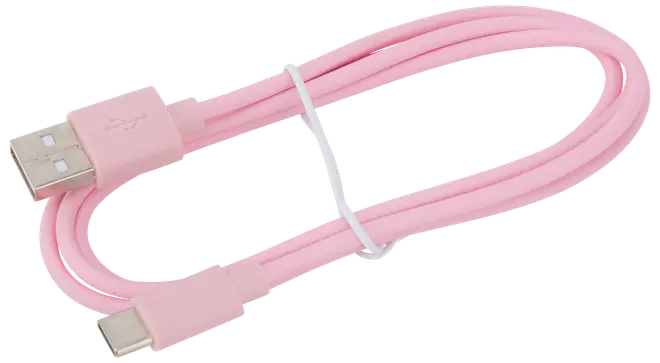Pink USB-A til USB-C opladerkabel, cirka 1 meter langt. Fladt, sammenfiltringsfrit design med forstærkede stik. Velegnet til opladning og dataoverførsel.