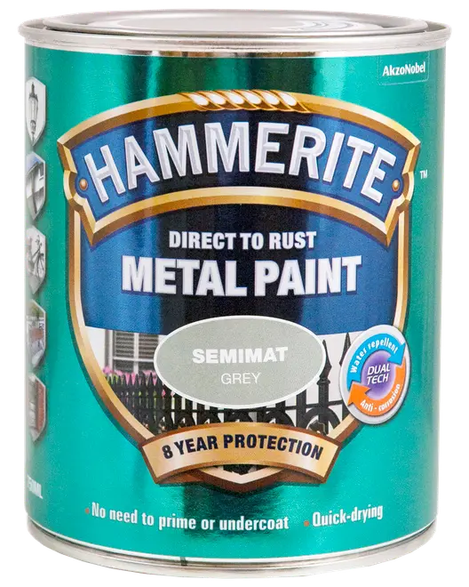 Hammerite semimat grå metalmaling, direkte på rust, 8 års beskyttelse, vandafvisende, hurtigtørrende, kræver ikke grunder eller underlag, til udendørs metaloverflader.