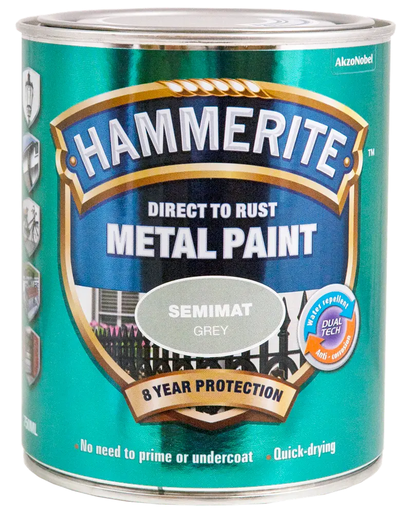 Hammerite semimat grå metalmaling, direkte på rust, 8 års beskyttelse, vandafvisende, hurtigtørrende, kræver ikke grunder eller underlag, til udendørs metaloverflader.