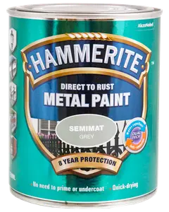 Hammerite semimat grå metalmaling, direkte på rust, 8 års beskyttelse, vandafvisende, hurtigtørrende, kræver ikke grunder eller underlag, til udendørs metaloverflader.