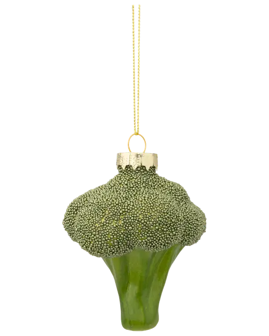 Julepynt i glas formet som et broccolihoved, med grøn, nubret top og glat stilk, guldfarvet ophæng og snor til ophængning.
