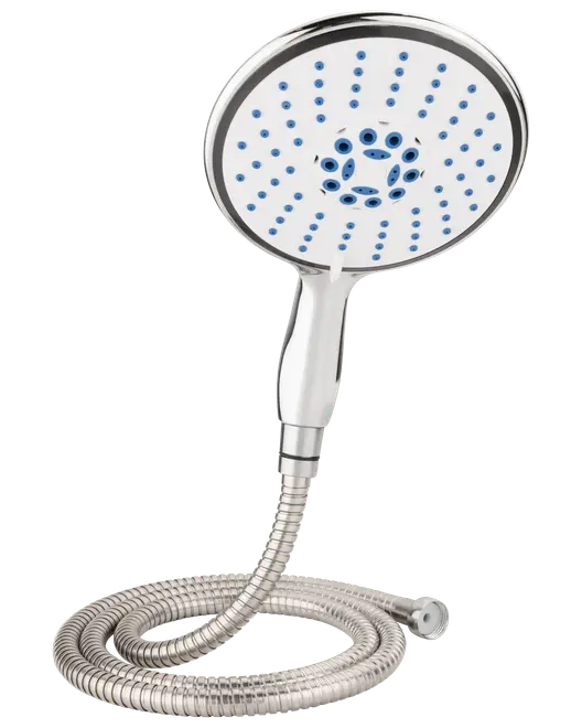 Håndholdt brusehoved med kromfinish, rund front, flere spraydyser og fleksibel metal slange. Blå dyser giver forskellige spraymønstre. Moderne design, passer til de fleste badeværelser.