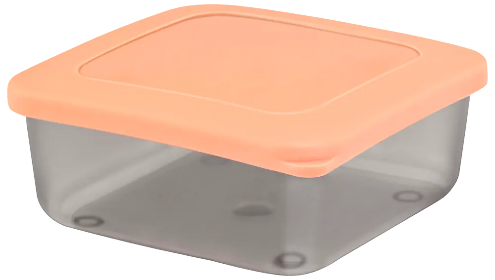 Firkantet plastik madbeholder med ferskenfarvet låg og gennemsigtig bund. Perfekt til opbevaring af rester, snacks eller madforberedelse. Låget lukker tæt og holder maden frisk.