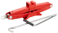 Röd saxdomkraft för bil med metallvev. Kompakt, hopfällbar design för däckbyte. Tillverkad i hållbart stål, lämplig för nödsituationer vid vägkanten.