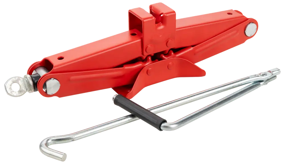 Röd saxdomkraft för bil med metallvev. Kompakt, hopfällbar design för däckbyte. Tillverkad i hållbart stål, lämplig för nödsituationer vid vägkanten.