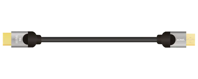 Svart HDMI-kabel med guldpläterade kontakter, märkt för 8K-upplösning. Hållbar konstruktion, passar för högupplöst video och ljud. Cirka en meter långt.