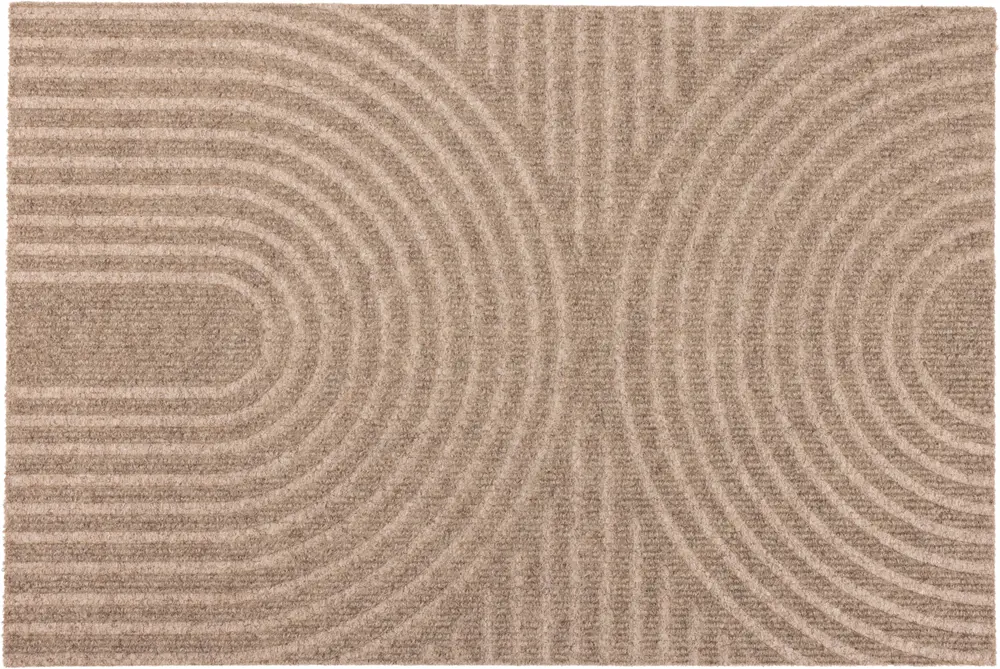 Rektangulär beige dörrmatta med upphöjt koncentriskt cirkelmönster, tillverkad av slitstarkt, texturerat material. Halkfri baksida, passar inomhus och utomhus, lätt att rengöra.
