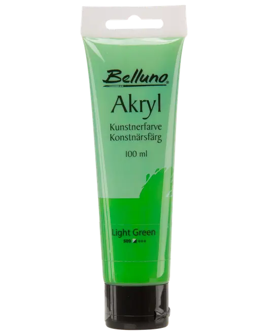 Tube med Belluno akrylmaling, 100 ml, lysegrøn farve. Egnet til kunstnere, mærket på flere sprog, sort låg og klar emballage, der viser farven.