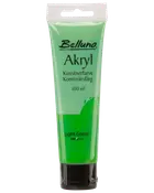 Tub med Belluno akrylfärg, 100 ml, ljusgrön. Passar konstnärer, flerspråkig etikett, svart lock och genomskinlig förpackning som visar färgen.