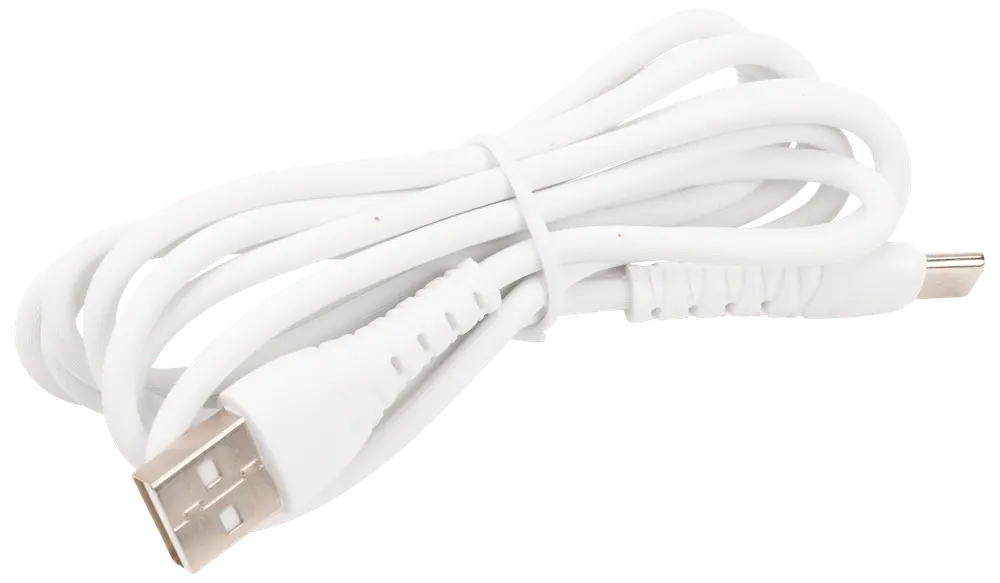 Vit USB till micro USB-kabel, cirka en meter lång, passar för laddning och dataöverföring. Har förstärkta kontakter och flexibel isolering. Perfekt för smartphones och surfplattor.