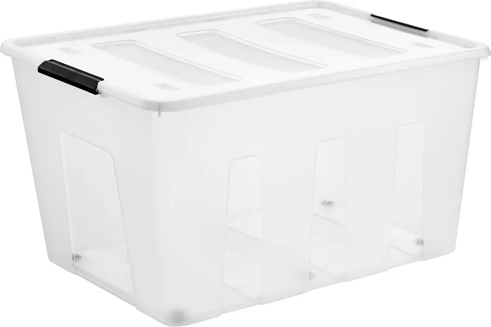 Gennemsigtig plastikopbevaringskasse med hvidt låg og sorte håndtag. Rektangulær, stabelbar, ideel til organisering og opbevaring af husholdningsartikler. Holdbar og let at bære.