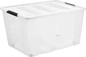 Gennemsigtig plastikopbevaringskasse med hvidt låg og sorte håndtag. Rektangulær, stabelbar, ideel til organisering og opbevaring af husholdningsartikler. Holdbar og let at bære.