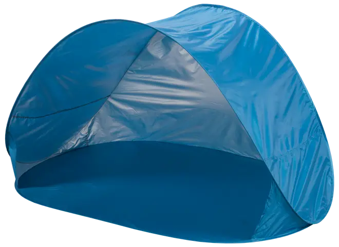 Blått pop-up strandtält med öppen framsida, lätt design och vattenavvisande tyg. Ger skugga och skydd mot sol och vind, perfekt för utomhusaktiviteter.