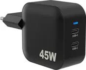 Sort 45W vægoplader med to USB-C porte, blå indikatorlampe og europæisk stik. Kompakt, firkantet design til opladning af flere enheder samtidigt.