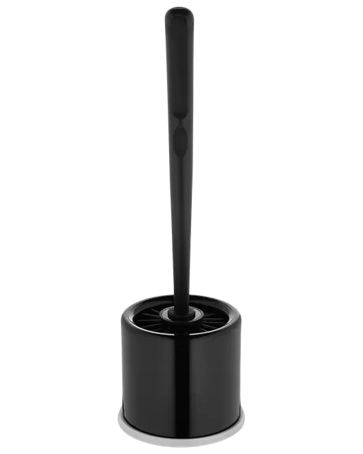 Sort toiletbørste med langt ergonomisk håndtag og cylindrisk holder, vist isoleret på hvid baggrund.