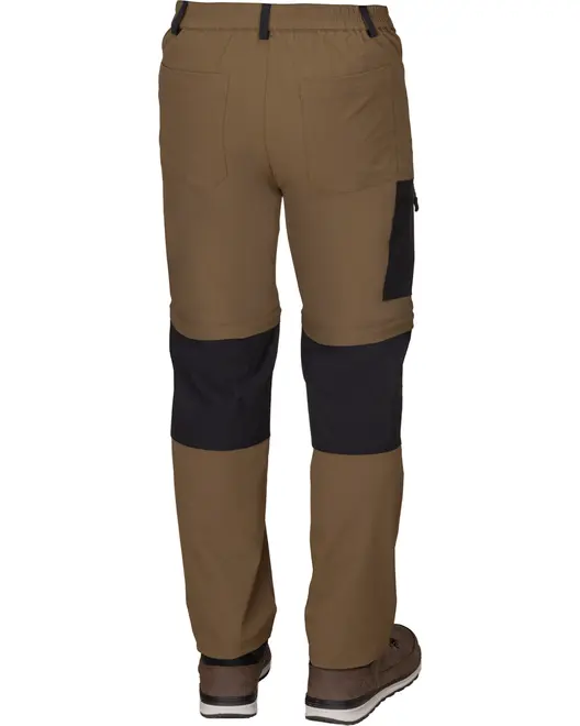 Brune outdoor-bukser med sorte forstærkede knæ- og lægpaneler, elastisk talje, baglommer og sidelomme. Slidstærkt design til vandring eller arbejde.