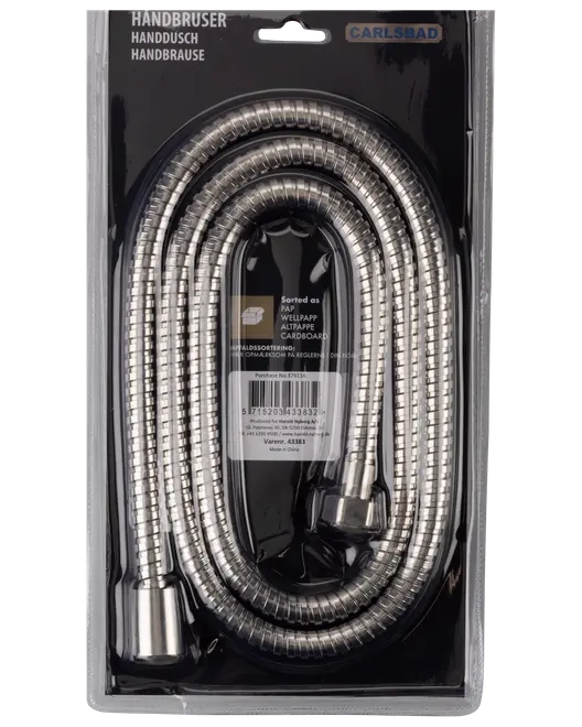 Fleksibel metalbruserslange i sølvfarve med gevindforbindelser i begge ender. Leveres i klar plastemballage. Velegnet til håndbrusere.