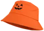 Klarorange fiskehatt med svart pumpaansikte framtill. Tillverkad i tyg med bred, nedåtlutande brätte. Perfekt för Halloween eller festliga tillfällen.