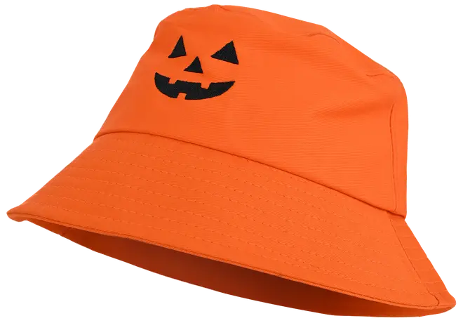 Klarorange fiskehatt med svart pumpaansikte framtill. Tillverkad i tyg med bred, nedåtlutande brätte. Perfekt för Halloween eller festliga tillfällen.