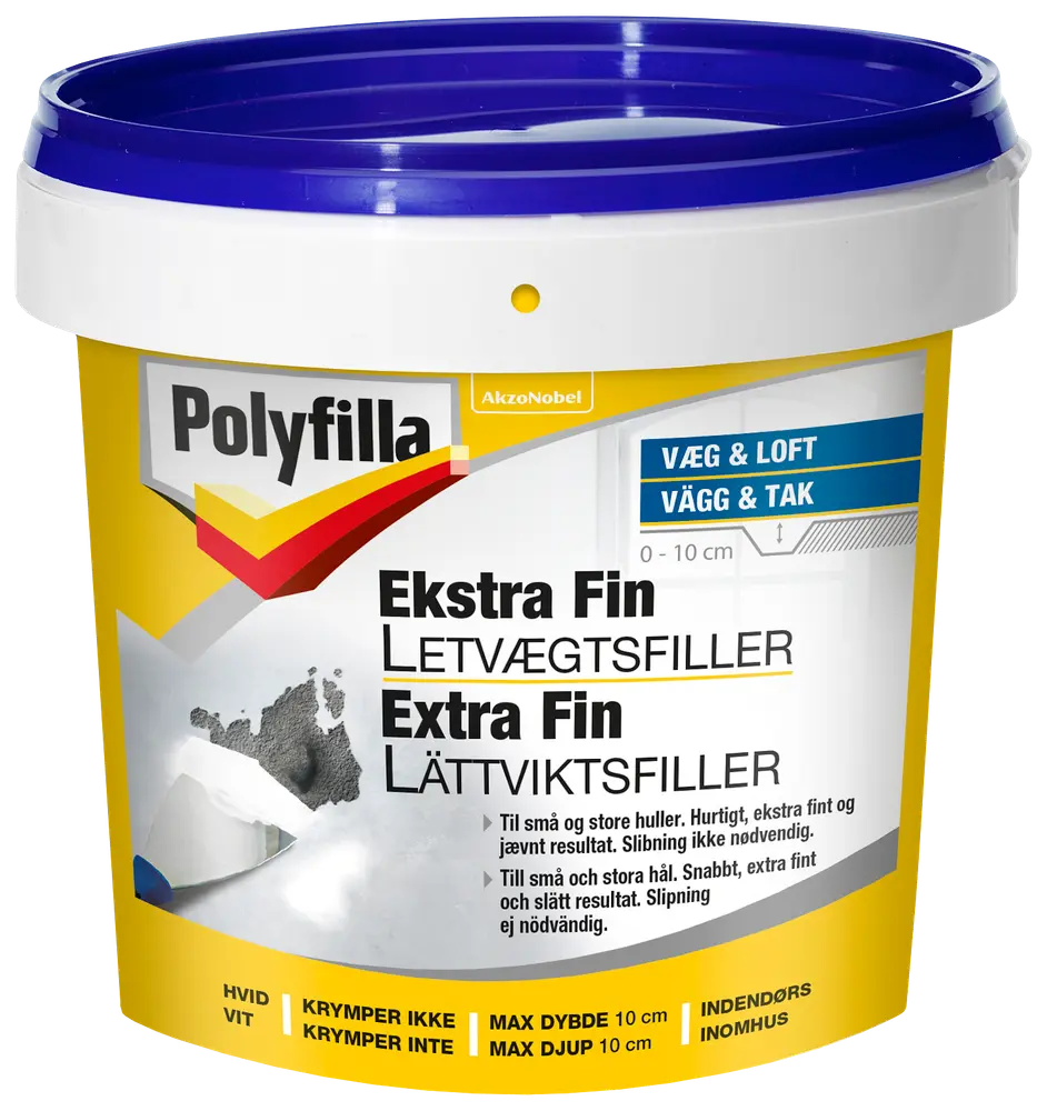 Polyfilla Ekstra Fin Letvægtsfiller, hvid, til væg og loft, fylder huller op til 10 cm dybe, krymper ikke, til indendørs brug, leveres i plastspand med blåt låg.