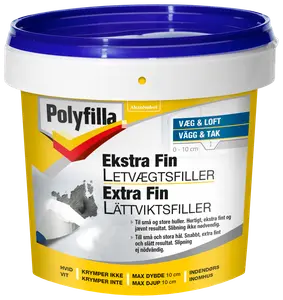 Polyfilla Ekstra Fin Letvægtsfiller, hvid, til væg og loft, fylder huller op til 10 cm dybe, krymper ikke, til indendørs brug, leveres i plastspand med blåt låg.