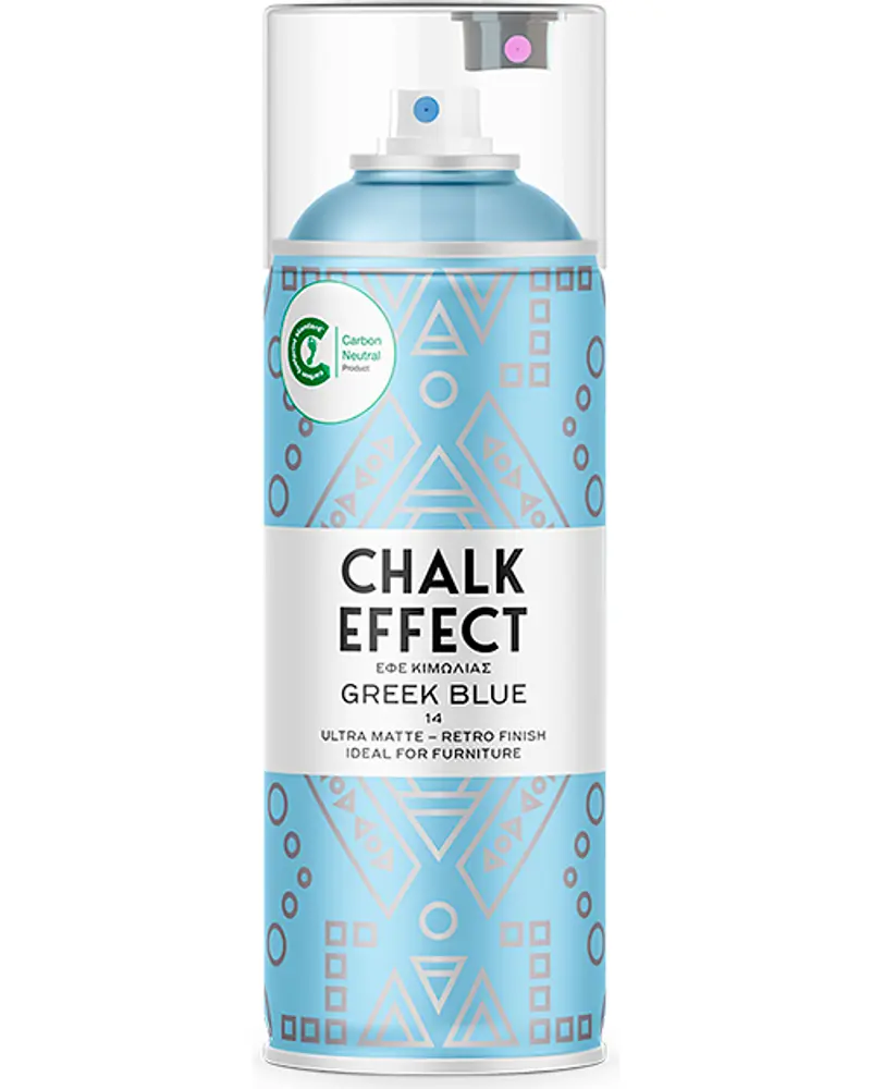 Spraydåse med etiketten 'Chalk Effect Greek Blue'. Blå geometrisk mønster, ultra mat retro finish, egnet til møbler. Kulstofneutral produkt, klar plastlåg, 400 ml.