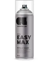 Sort 400 ml spraydåse med orange tekst, mærket 'Cosmos Lac Easy Max Satin'. Har gennemsigtigt plastlåg og lover overlegen dækning og drypfri teknologi.