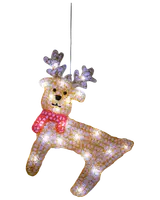 Upplyst ren-juldekoration med vita LED-lampor, guldnät, röd halsduk och silverhorn. Utrustad med upphängningsögla för inomhus- eller utomhusbruk.