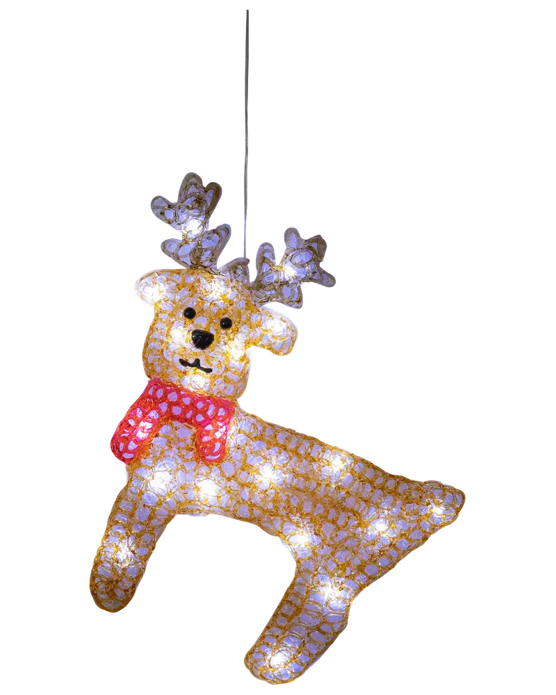 Upplyst ren-juldekoration med vita LED-lampor, guldnät, röd halsduk och silverhorn. Utrustad med upphängningsögla för inomhus- eller utomhusbruk.