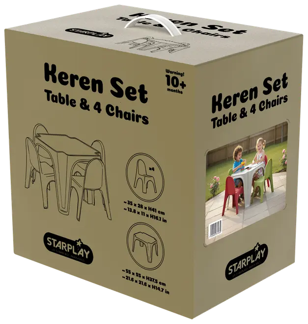 Børnemøbelsæt med ét bord og fire stole, egnet til børn fra 10 måneder. Fremstillet i holdbar plast, velegnet til indendørs og udendørs brug. Nem at samle.