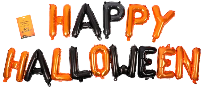 Sæt med metalliske orange og sorte folieballoner, der staver 'HAPPY HALLOWEEN'. Inkluderer en lille gul pumpe til oppustning. Perfekt til Halloween-festdekorationer.