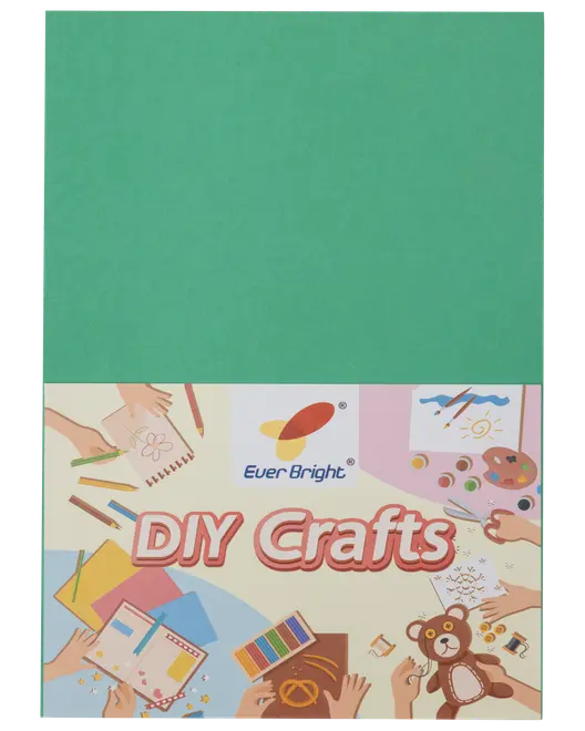Ever Bright DIY Crafts-kit med grön framsida, illustrationer av konstmaterial, färgpennor, papper och nalle, passar för kreativa pysselprojekt och aktiviteter.