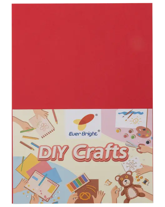 Ever Bright DIY Crafts-kit med rött omslag, dekorerat med illustrationer av konstmaterial, färgpennor, papper och en nalle, perfekt för kreativa pysselprojekt.
