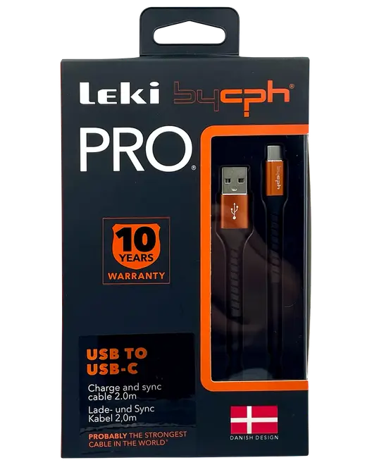 Leki bycph PRO USB til USB-C oplade- og synkroniseringskabel, 2 meter langt, sort med orange stik, 10 års garanti, dansk design, til dataoverførsel og opladning.