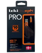 Leki bycph PRO USB til USB-C oplade- og synkroniseringskabel, 2 meter langt, sort med orange stik, 10 års garanti, dansk design, til dataoverførsel og opladning.