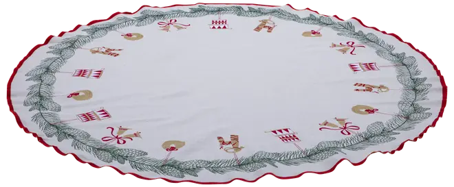 Runt vitt julgranskjol med röd vågig kant, grön grangrenskant och broderade motiv av paket, polkagrisar och rosetter. Perfekt för julgransdekoration.