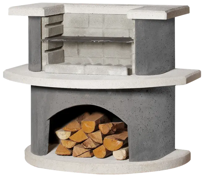 Udendørs grill i beton med indbygget metalrist, to-niveau madlavningsområde og opbevaringsrum til brænde nedenunder. Moderne grå og hvide farver, velegnet til haven.